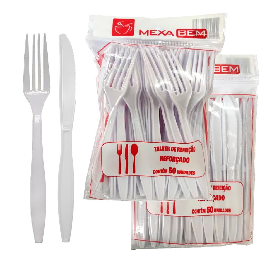 KIT GARFO E FACA REFEIÇÃO REFORÇADA BRANCO C/50 DESCARTÁVEL