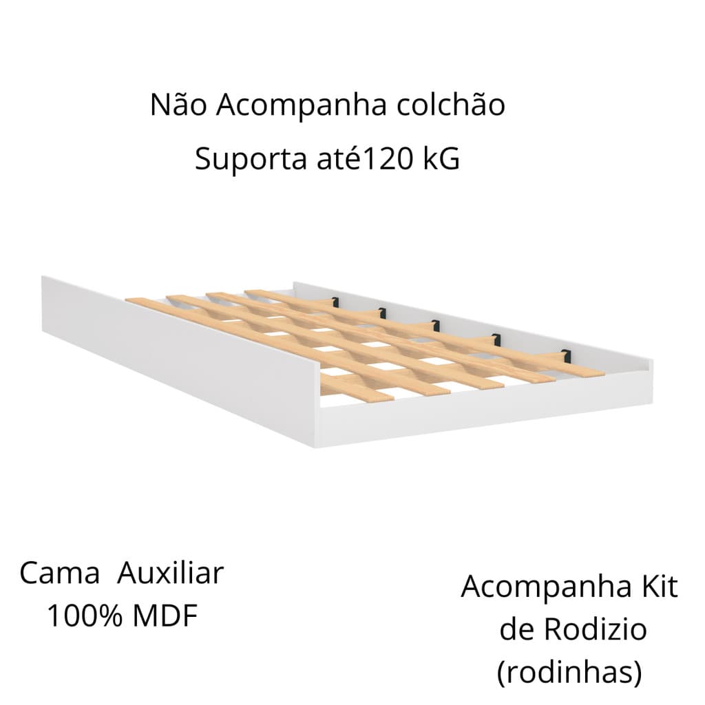 Cama Auxiliar Solteiro 100% MDF Para Colchão 188x88 CM Com Rodízios