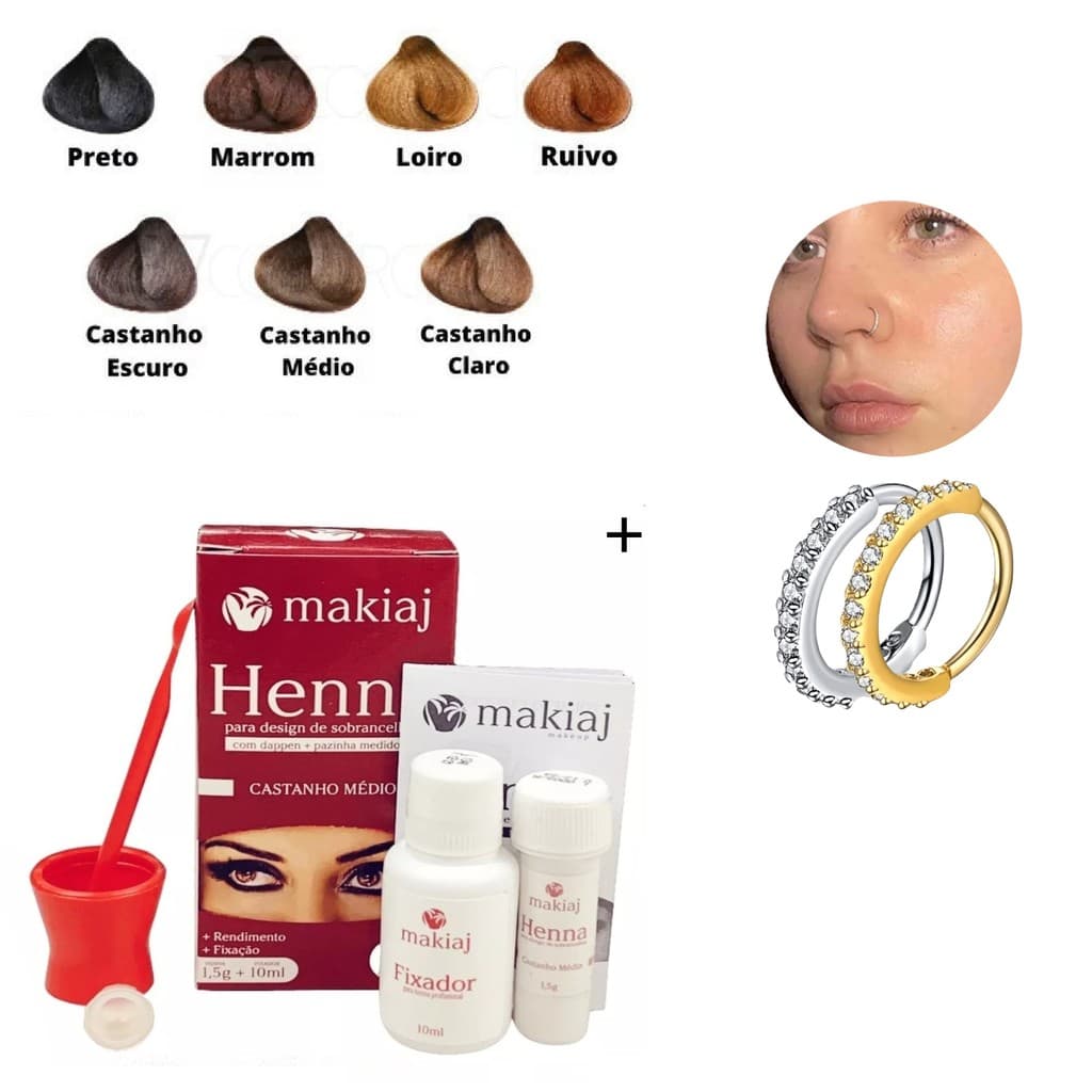 Conjunto Sobrancelha Henna Makiaj Complete Fixing Gel 7 Cores 1 Henna + 2 Argola De Nariz De Zircônia