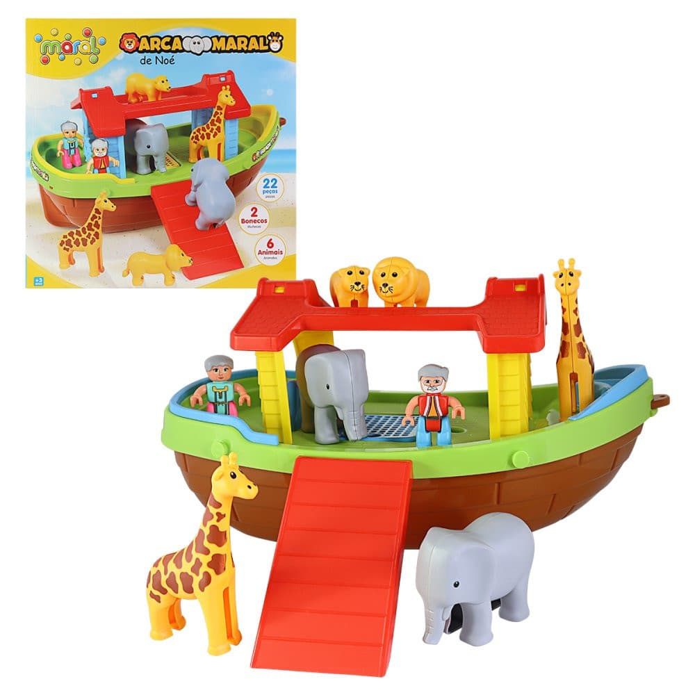 Arca de Noé para Montar com 2 Bonequinhos e 6 Animais Brinquedo Interativo De montar Edicativo