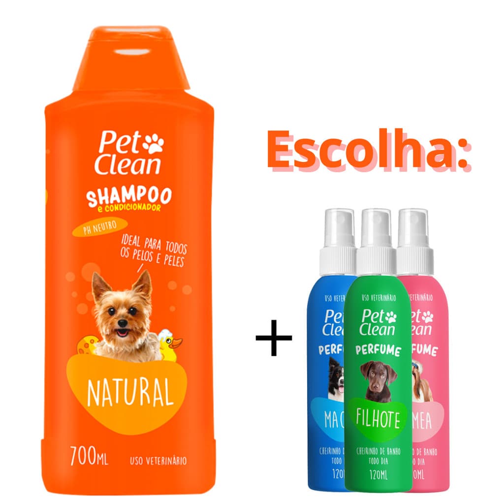 Shampoo e Condicionador Natural + 1 Perfume 120ml para Cães e Gatos Pet Clean KIT 2 UNI