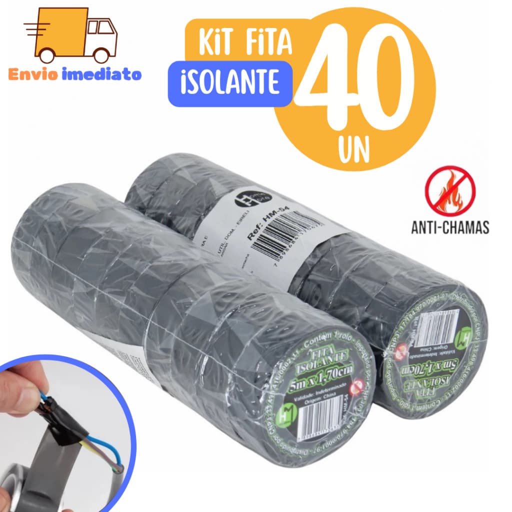 Kit 40 Fitas isolante Antichama Preta para Eletricista uso Geral Domestico e Industrial - 5m