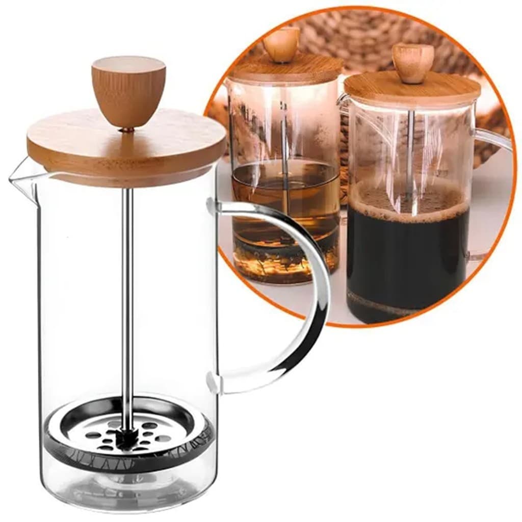 Cafeteira Prensa Francesa Vidro 350ml Com Tampa Bambu Café