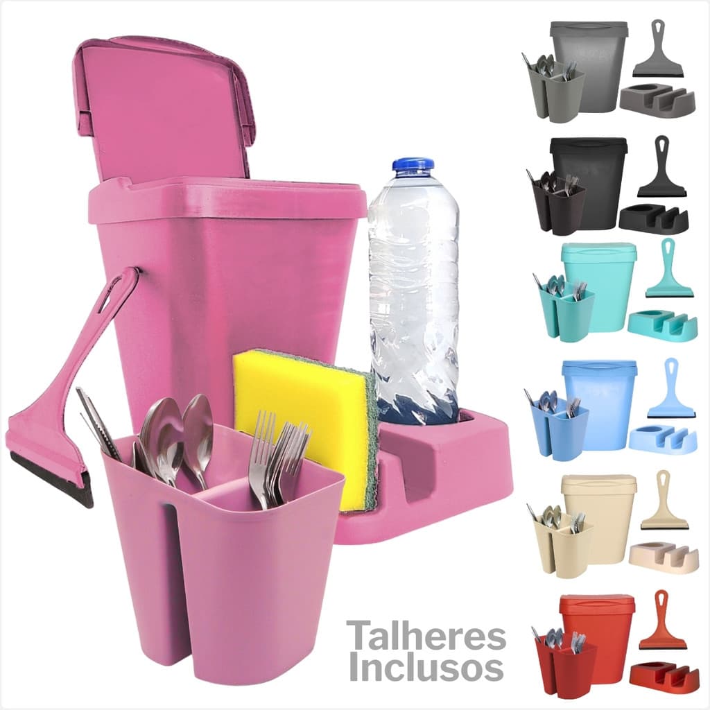 Kit Pia C/lixeira 4,8l Com Talheres 18 Peças Aço Inox  Cozinha Organizadores Porta detergente Porta Talheres