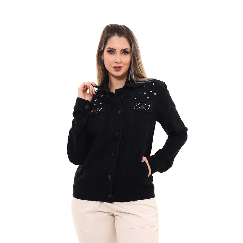 Jaqueta Maxxi Oversized Feminina Jeans Preto com Decoração de Taxas e Ilhos