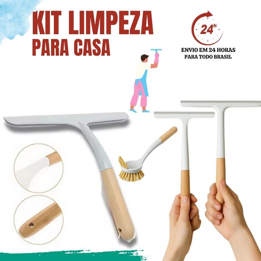 KIT Rodo de Pia e Escova de Limpeza Cozinha com Cabo de Bambu