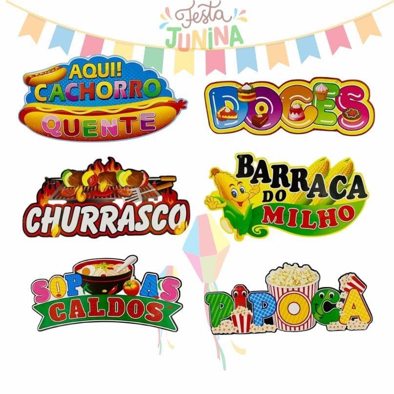 Kit 6 Placas de Festa Junina para Barraca de Quermesse Plaquinha Junina Decoração Arraiá