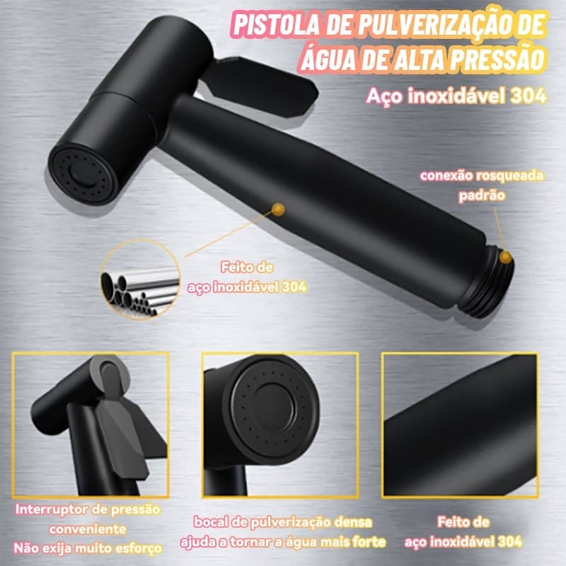Kit Ducha Higiênica Com Registro Torneira Dupla em Aço Inox 304 Aço Escovado Banheiro Lavabo-PRETO 401 FACIL