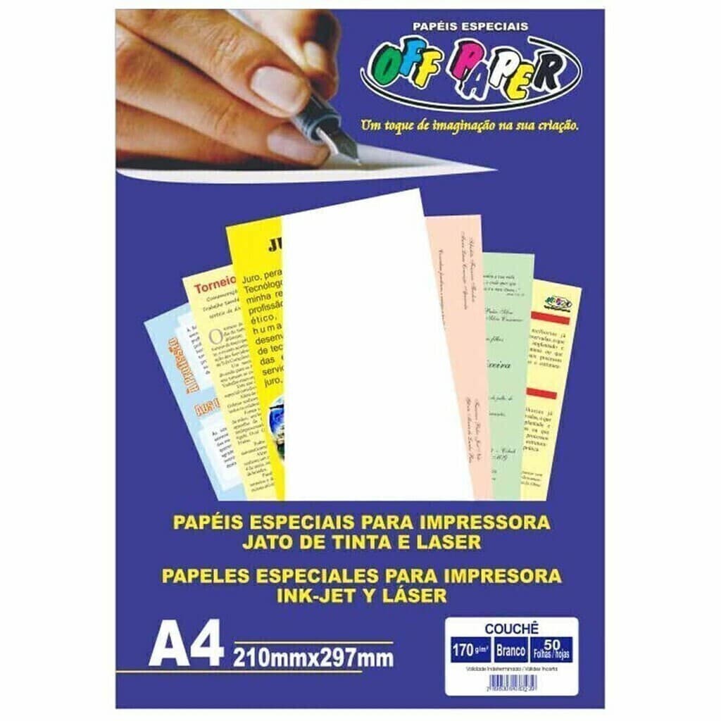 Papel Couché Branco A4 170g 50 Folhas Premium Impressão Brilhante Off Paper
