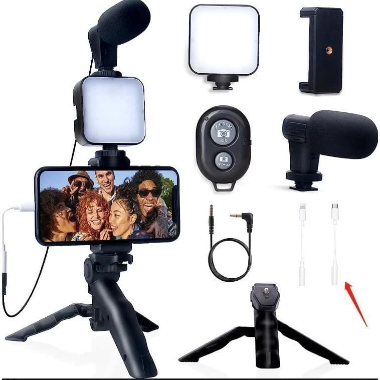 Kit filmagem tripé para celular profissional com luz de led e microfone portátil Live vlog