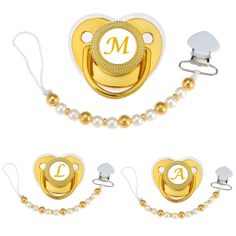 Chupeta De Bebê Dourada Com Contas , Clipe De Corrente Sem BPA , Silicone , Nome Personalizado , Carta , Para 0-12M , Ar