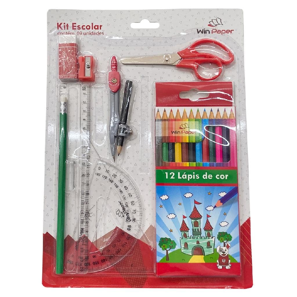 Kit 9 Peças Escolar Material Completo Básico Lápis Compasso Borracha Tesoura Réguas Apontador Lápis de Cor 12 Cores