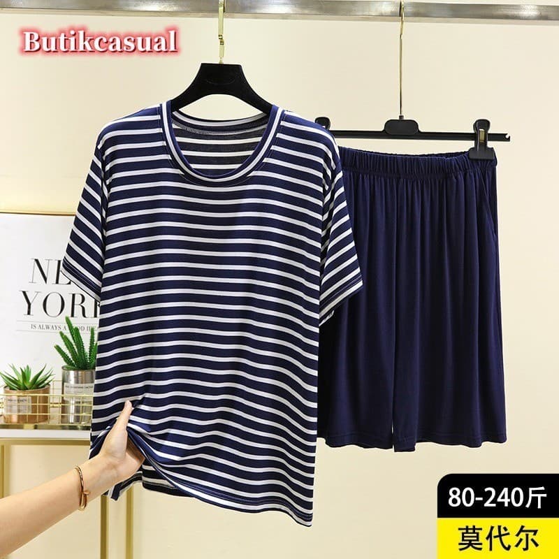 Feminino plus size Loungewear Terno 2025 Masculino Listrado Verão Fino Modal Pijamas Casual Manga Curta shorts 2 Peças C