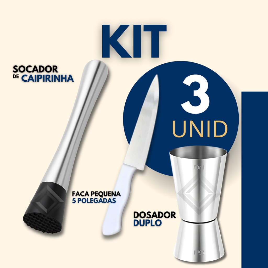 Kit Socador de Caipirinha Dosador e Faca 5" Inox Macerador Drinks Coqueteis Bebidas Bar Restaurante
