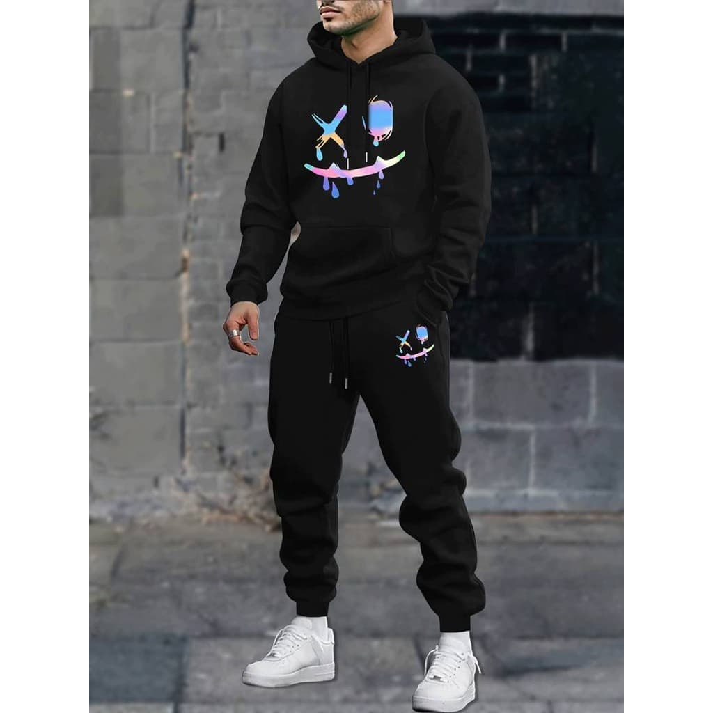 Conjunto de Moletom com Capuz e Calças Casuais para Homens com Estampa de Rosto Sorridente, Versátil e na Moda