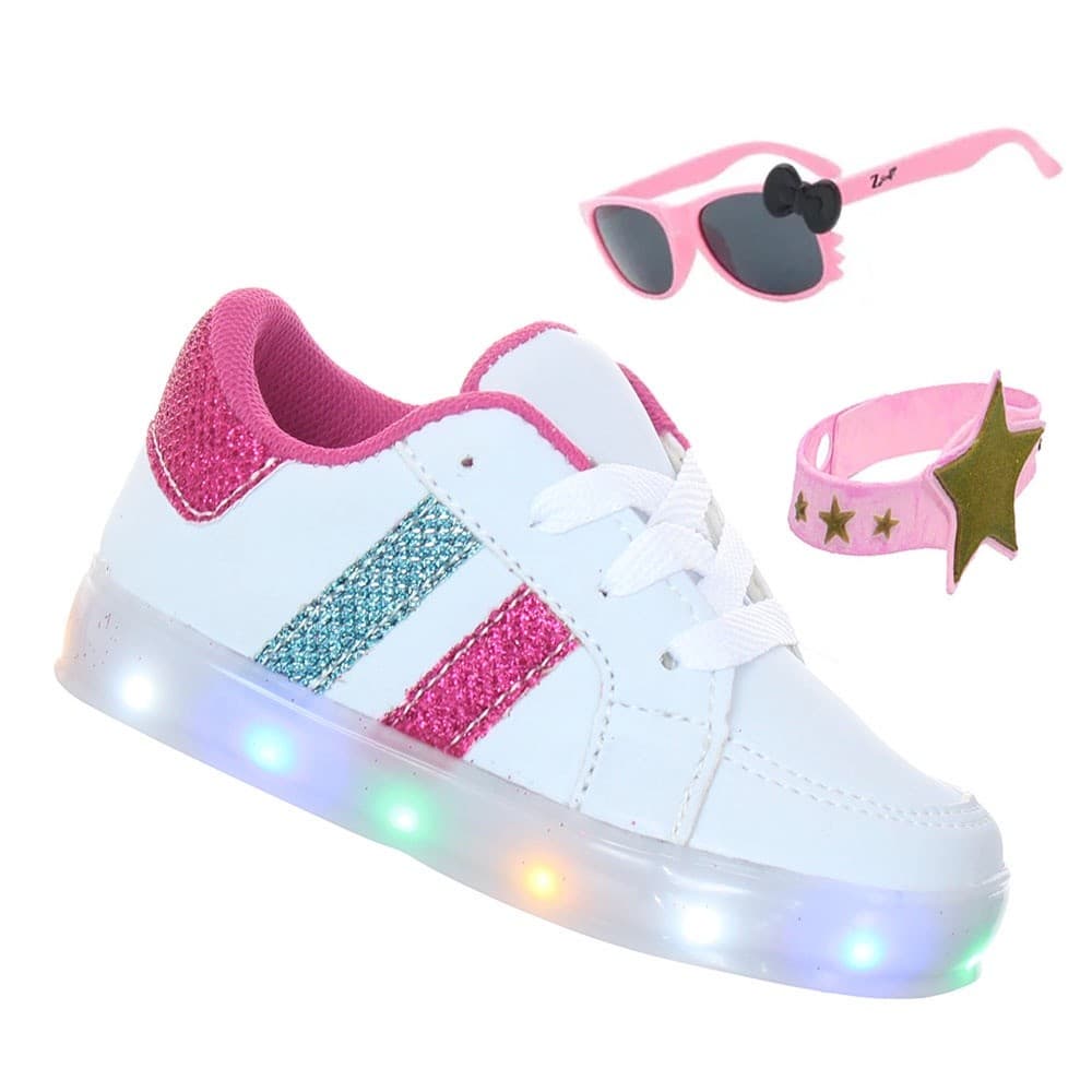 Kit Tenis Infantil de Menina Branco Pink Listrado Mais Pulseira e Óculos