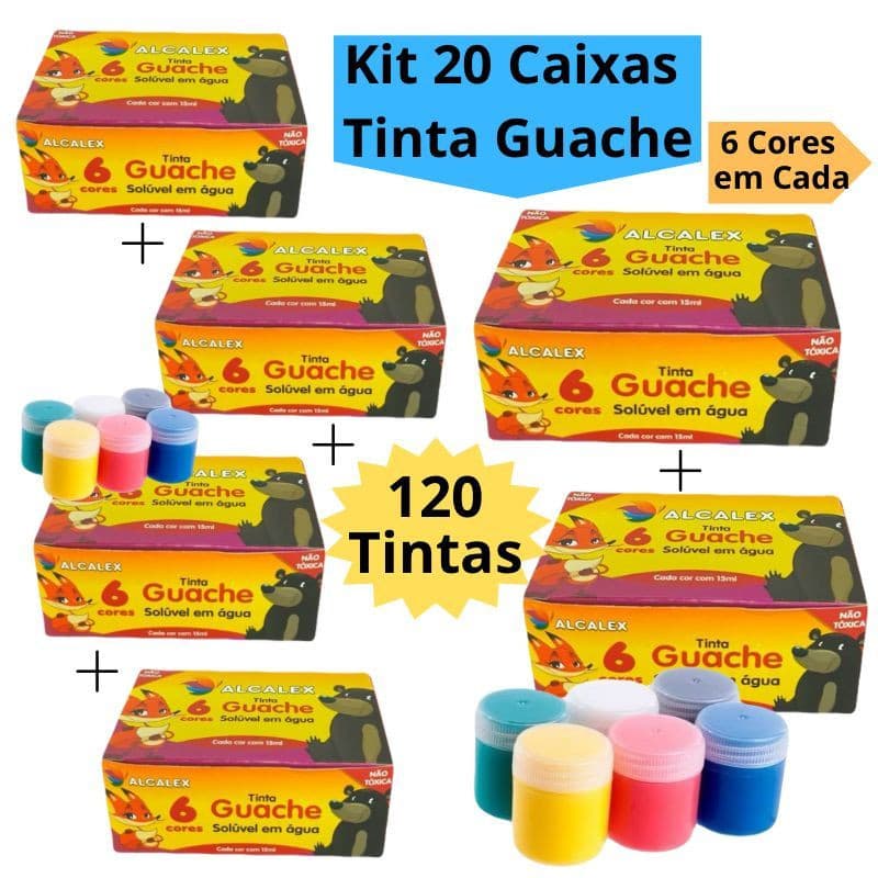 Kit 20 Caixas Tinta Guache 15ml Caixa Com 6 Cores Diferentes 120 Tintas Escolar Infantil Alcalex