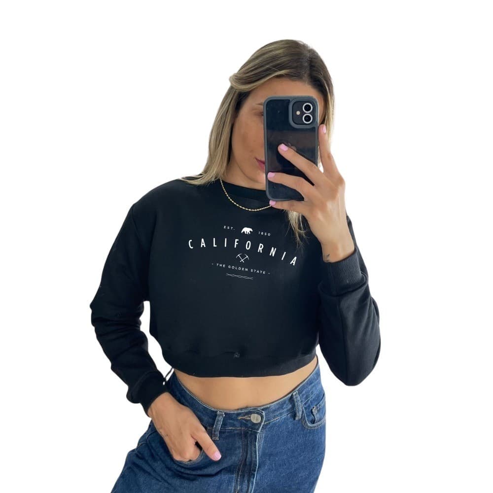 Casaco De Frio Manga Longa Cropped Moletom Blusinha Estilosa Curta Estampada California Golden State