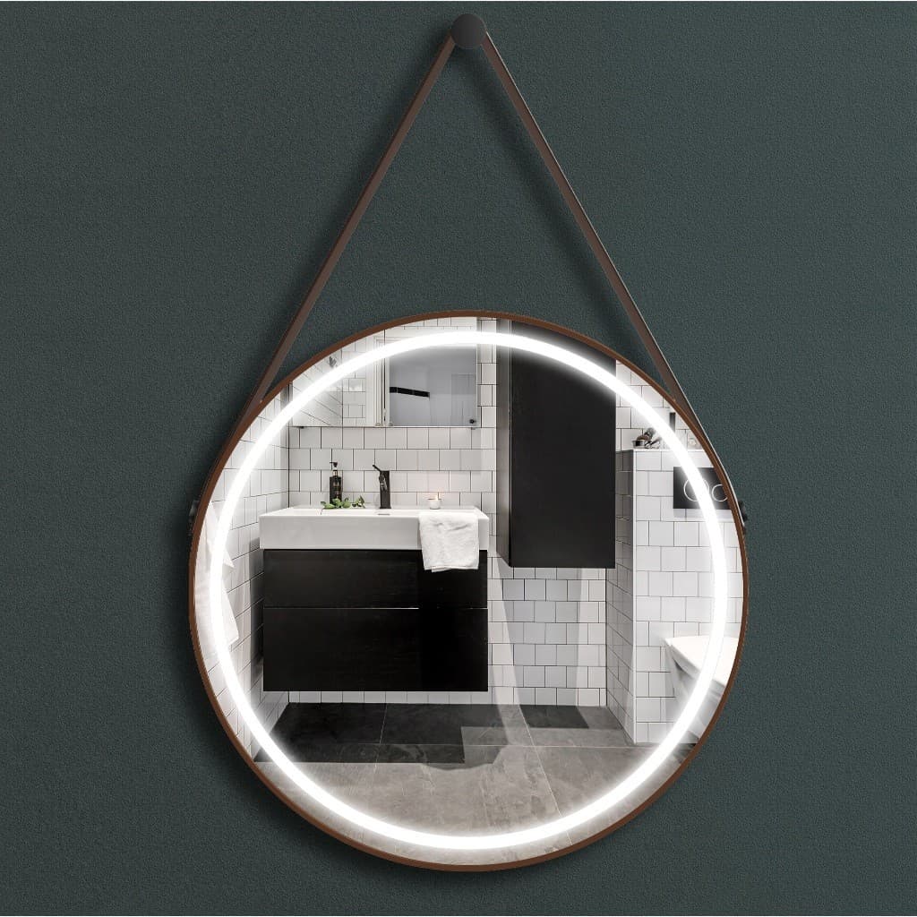 Espelho Redondo LED Regulável Com Alça Couro Ecológico 60cm Bivolt Parede Banheiro Sala Quarto