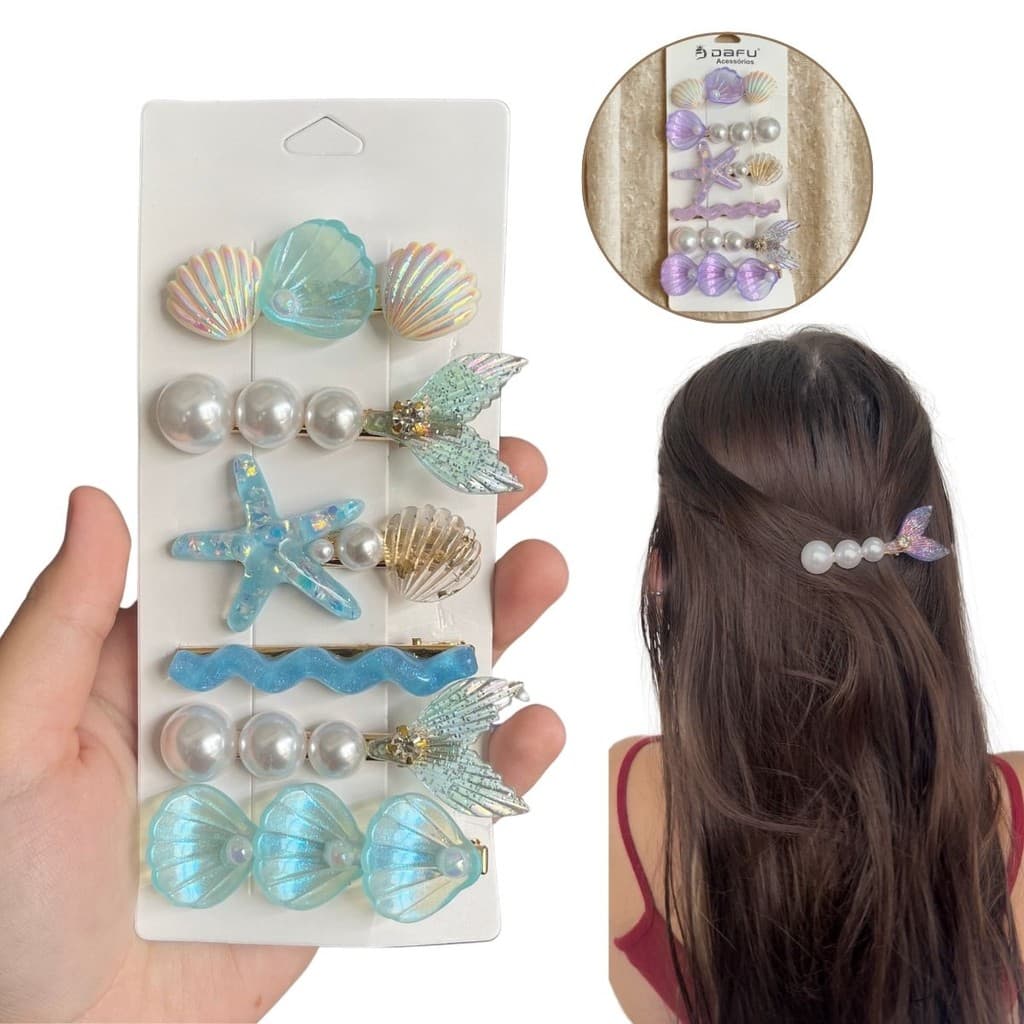 Kit 6 Peças Clip Enfeites Feminina Concha Mar Para Cabelos Presilhas Luxuosa