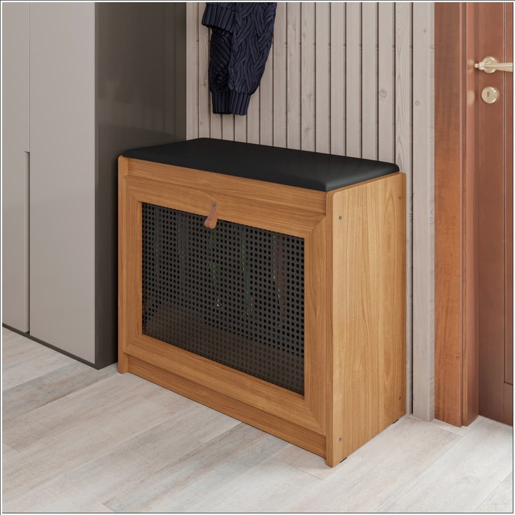 Banco Sapateira Plenitude 60cm Madeira Pinus com Assento Corino Preto e Tela de Ratan Natural