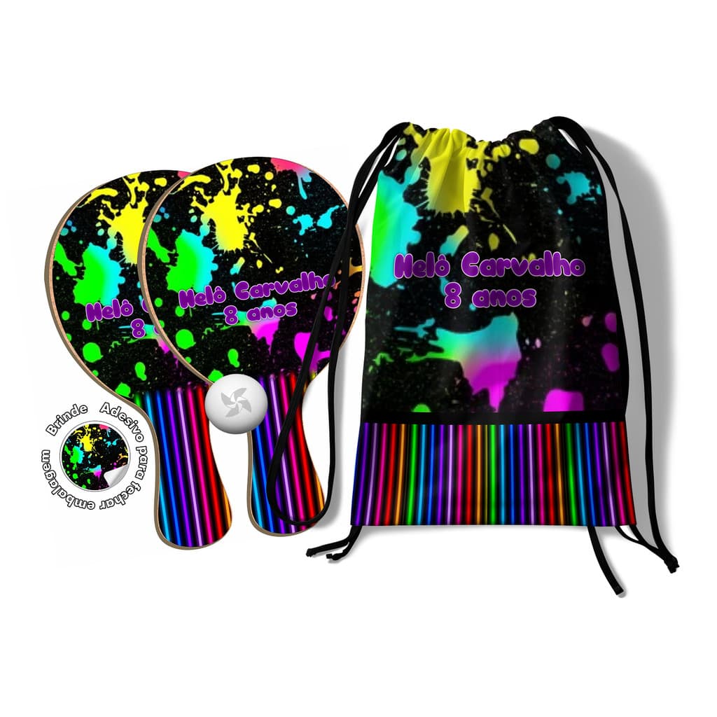 7/10/15/25 Kit Mochilinha e Raquetes Ping Pong - Tema Neon Cores