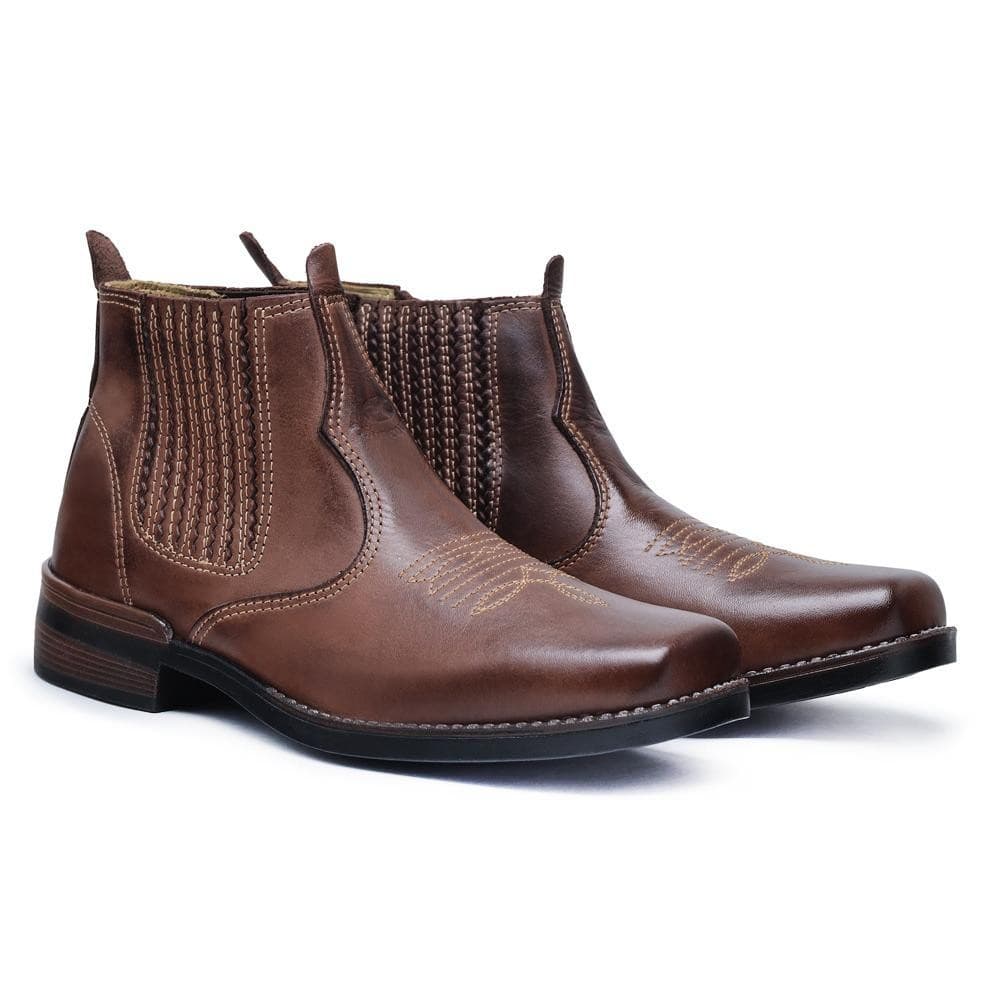 Botina COUNTRY Bota Masculina Couro Legitimo PEÃO VAQUEIRO Costurado Bico Quadrado Com Elástico