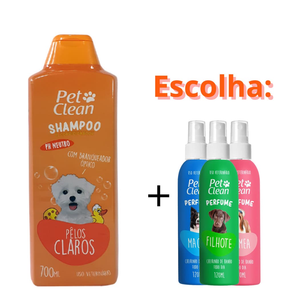 Kit Shampoo  e Condicionador Pêlos Claros + 1 Perfume 120ml para Cães e Gatos Pet Clean