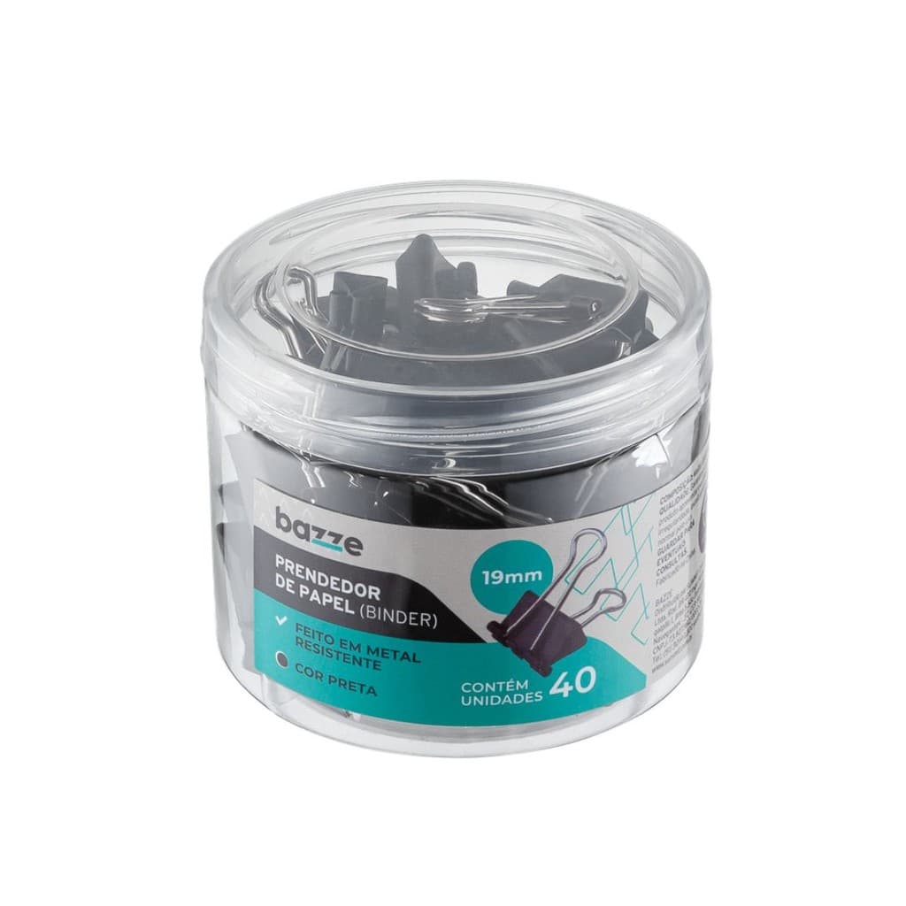 PRENDEDOR PAPEL METAL RESISTENTE 19 MM PRETO POTE 40 UNIDADES BAZZE
