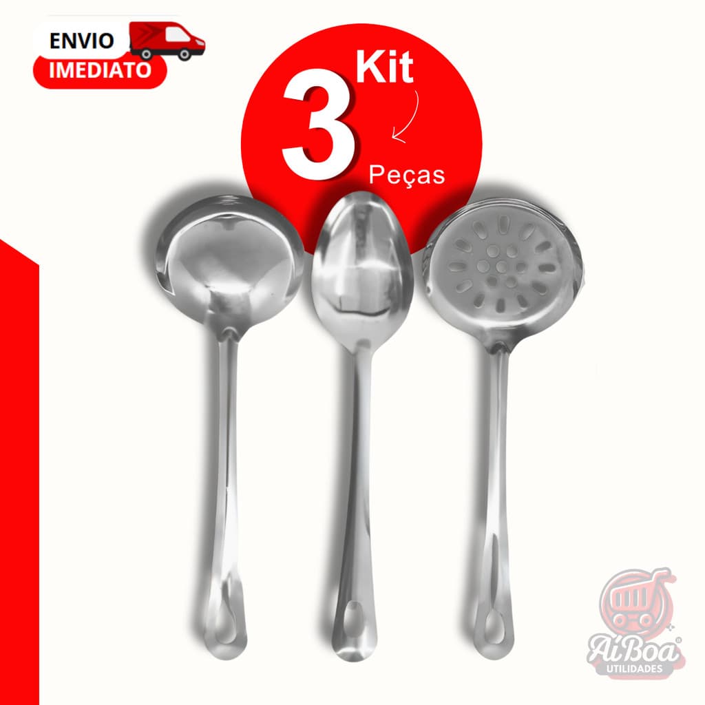 Utensilios para Cozinha Inox - Espátula Escumadeira Colher de Arroz Concha Louça Comida Casa