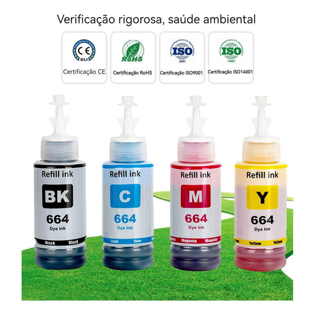 Kit 4 Refil Tintas T664 Para Epson T644, Preto, Ciano, Magenta, Amarelo L120 L1300 L395 L396 L355