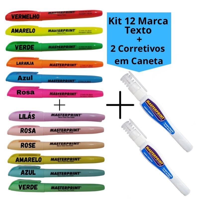 Kit 12 Marca Texto (6 Neon + 6 pastel) + 2 Canetas Corretivas Masterprint
