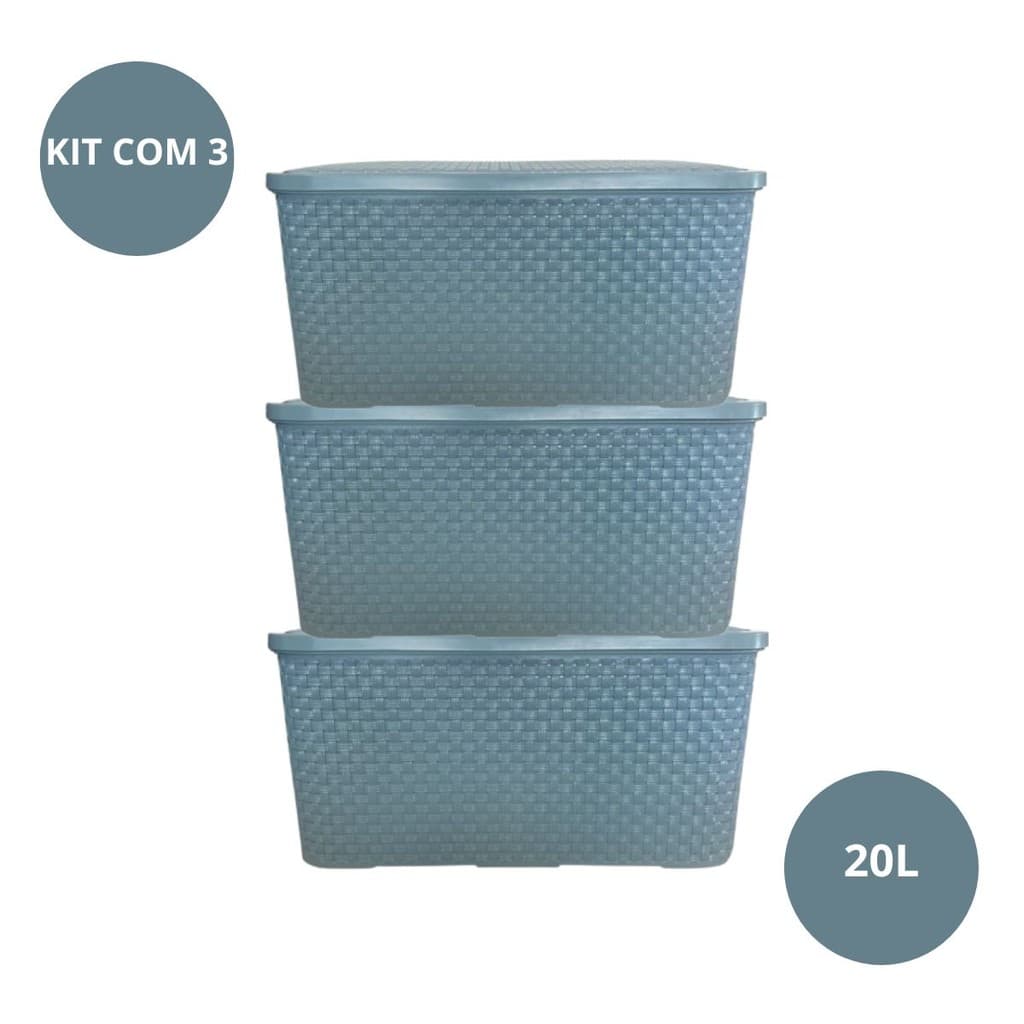 Kit 3 Caixas Organizadoras modelo RATTAN Cesto Tampa Multiuso 20L