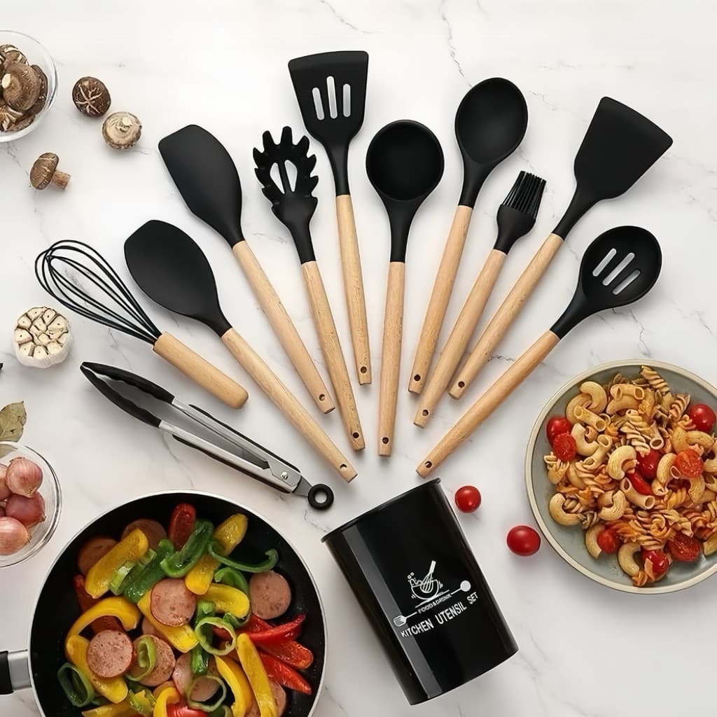 Jogo de Cozinha Kit C/12 Peças de Silicone, Utensílios e Copo Suporte para Cozinha Cabo de Madeira-sunshine