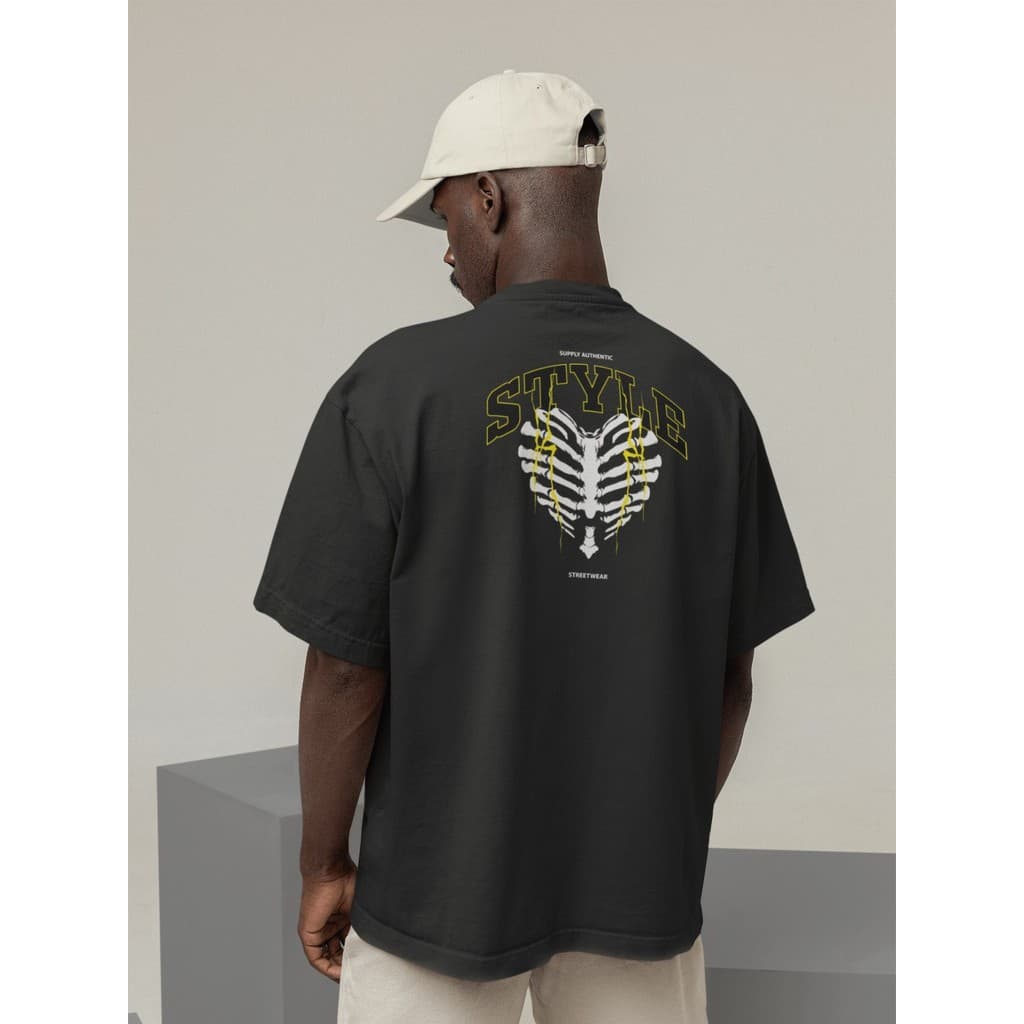 Camisa Camiseta Oversized Gola Alta Streetwear Masculino Urbano Treino Preto e Off Whte Estampado - STYLE