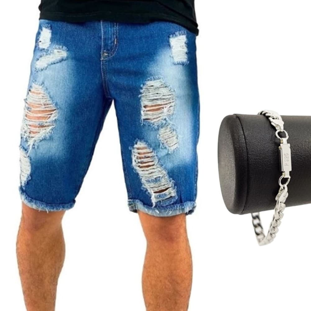 Bermuda Jeans Masculina Escura Rasgada Destroyd Com Lycra + Pulseira Prata Dourada Envio Hoje
