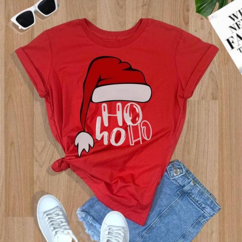Blusa Feminina Tshirt Camiseta Algodão Feliz Natal - HoHoHo! i Blusa Gola Redonda Manga Curta