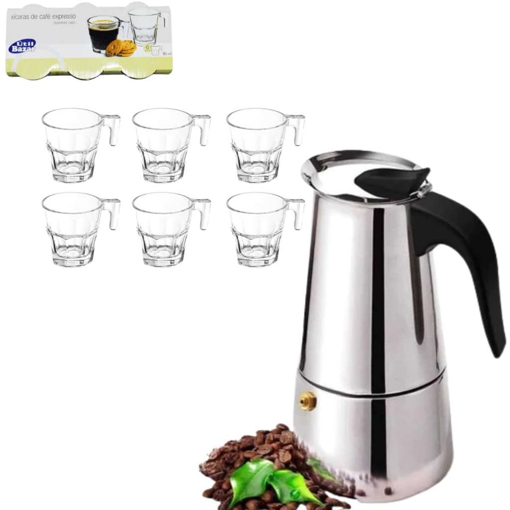 Jogo com Cafeteira Italiana Inox indução e Jogo 6 Xícaras canecas