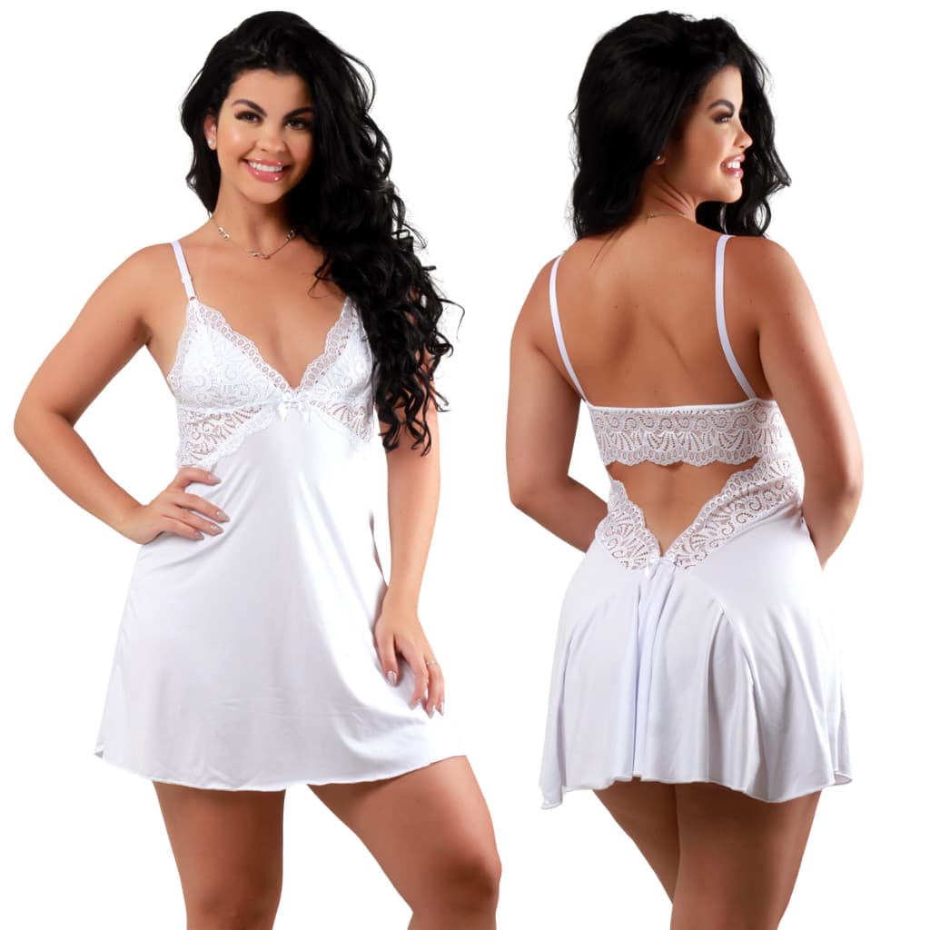 Camisola Branca Feminina Costa Nua Sensual com Renda Sem Bojo