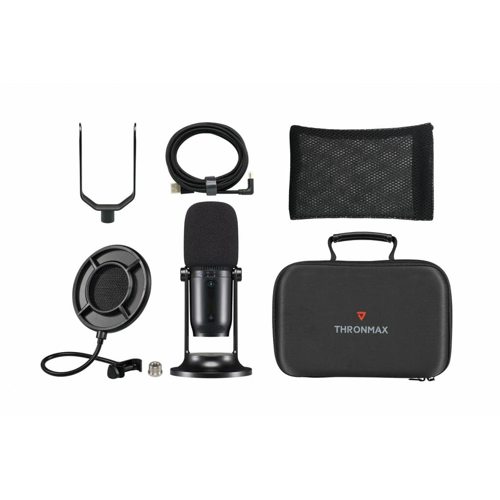 Microfone Condensador Gamer Thronmax MDrill One Pro Kit, LED RGB, USB-C, 96 KHz, 4 Padrões Polares, Pop Filter, Bag