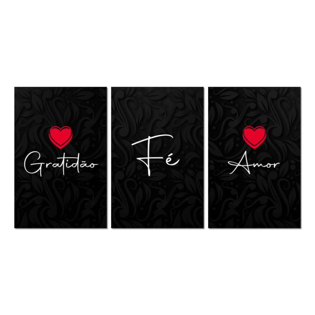 Kit 3 Placas Decorativas Frase Gratidão Fé Amor 20x30 cm Mdf
