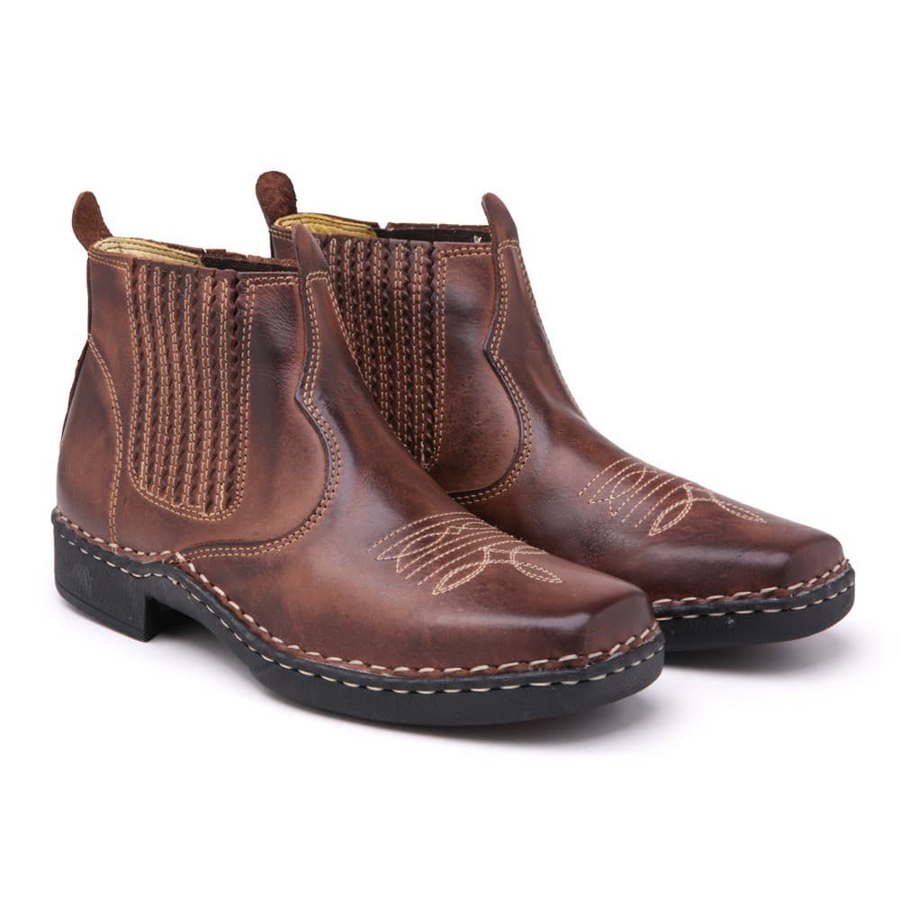 BOTINA MASCULINA BOTA COUNTRY FAZENDA EM COURO COSTURADO A MÃO ARTESANAL ORIGINAL COM ELÁSTICO