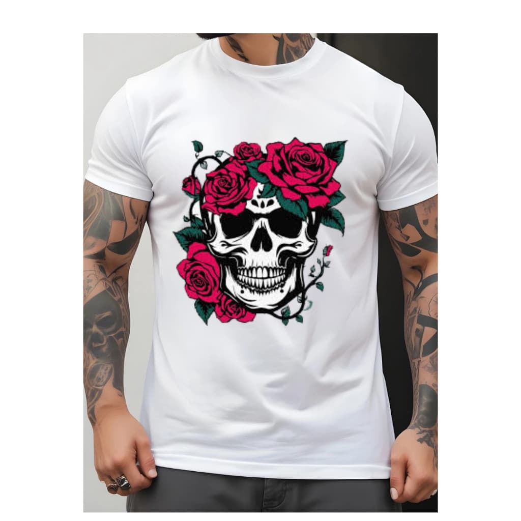 CAMISETA CAVEIRA COM ROSA DIA A DIA MASCULINO STREETWEAR