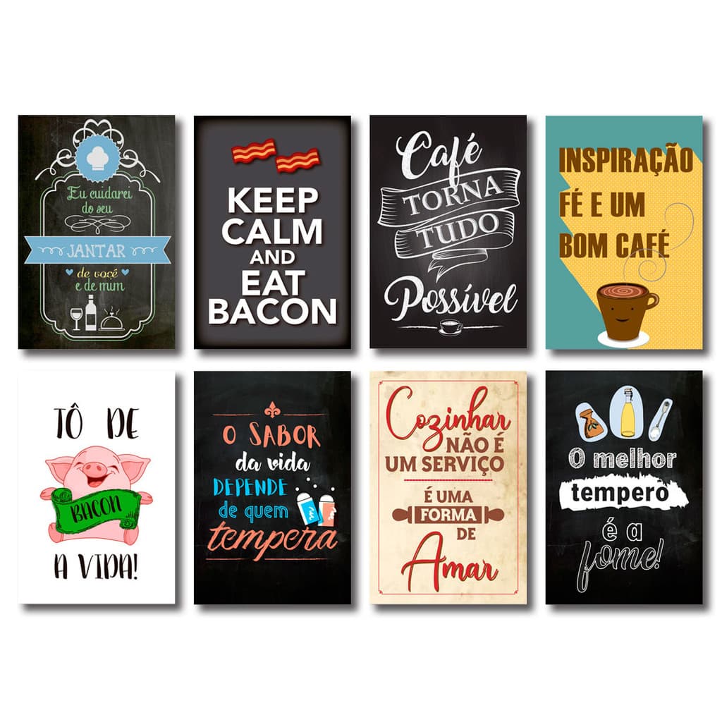 Kit Placas Decorativas Frases Café Comida Mdf - 8 Placas