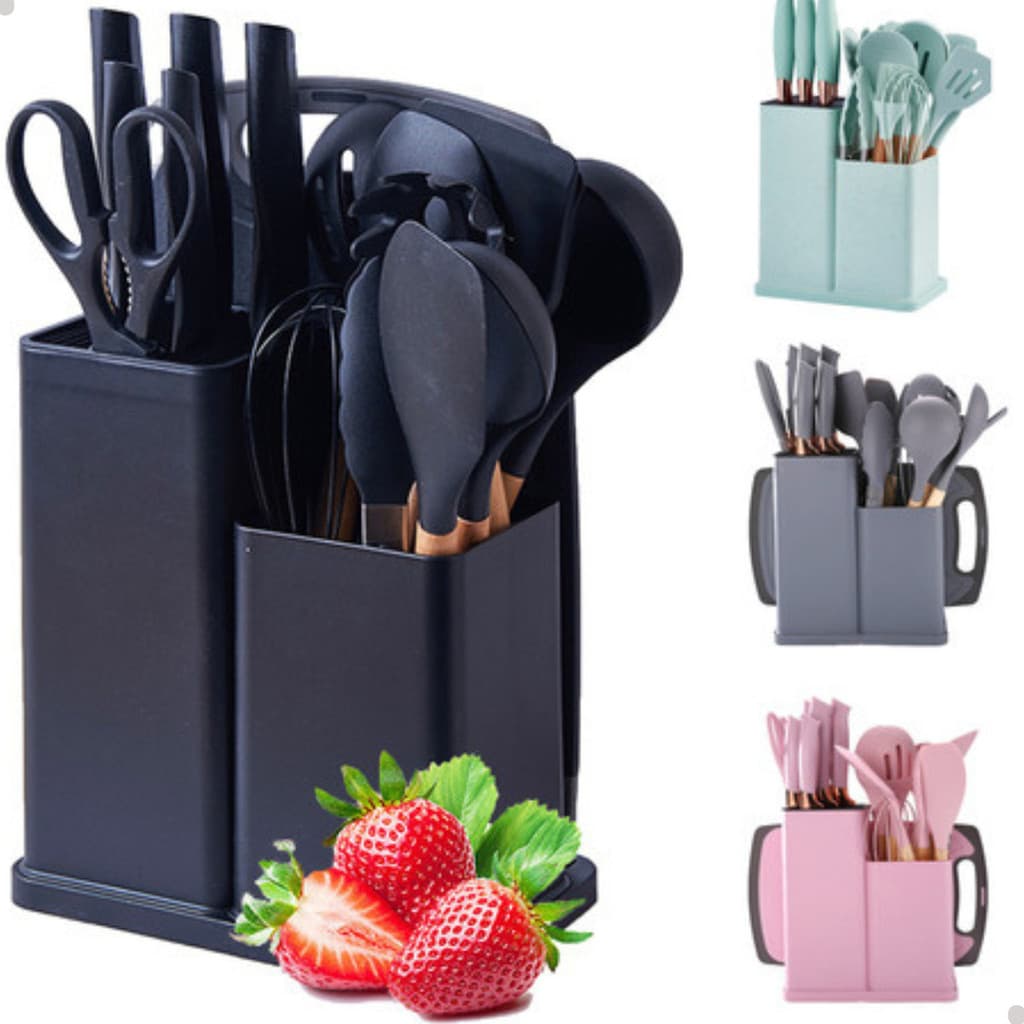 Kit 19 Utensílios Cozinha Cabo Madeira Silicone Facas Tabua cor preta