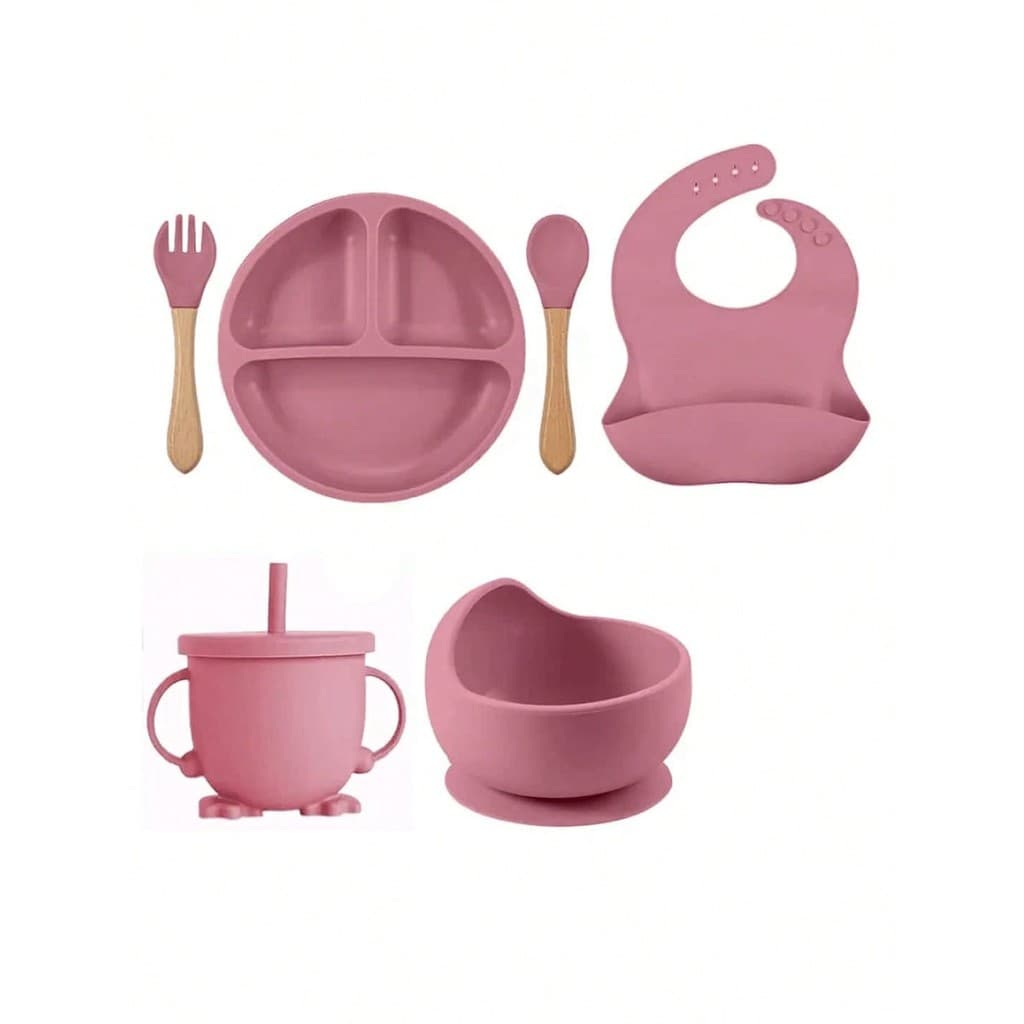 Conjunto De Silicone Refeição Introdução Alimentar Prato Copo Talher Babador Bebê Infantil 6 Peças