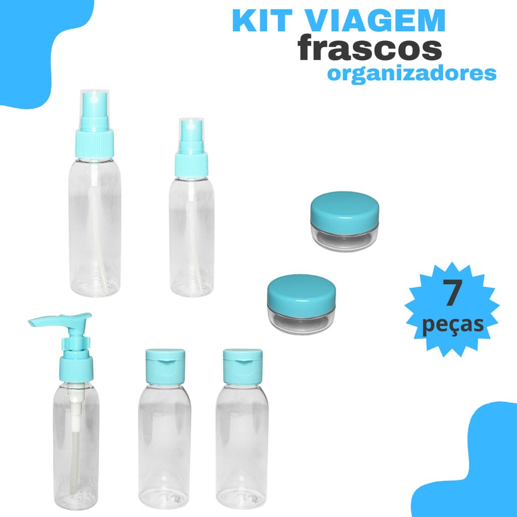 Kit Frasco Organizador Viagem 7 Peças com Bolsa Zip Transparente Shampoo e Cremes