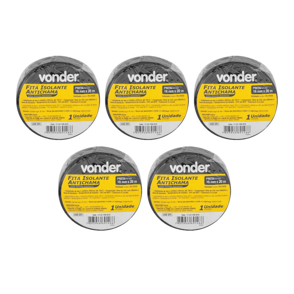 Kit 5 fitas isolante, 19 mm x 20 metros  preta - VONDER