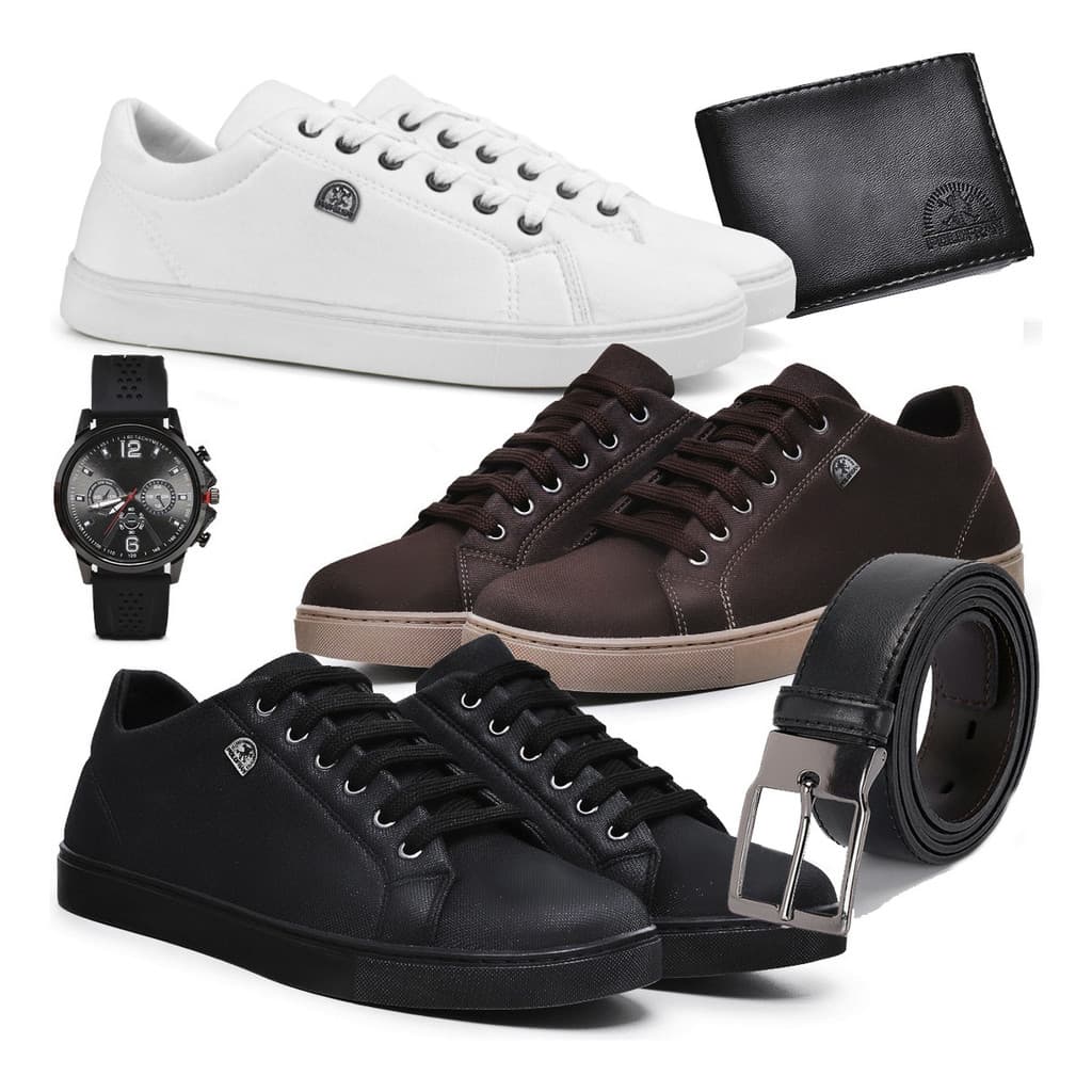 Kit 3 Tênis Masculino Barato Sapatenis Branco Adulto Leve + Relógio Cinto Carteira