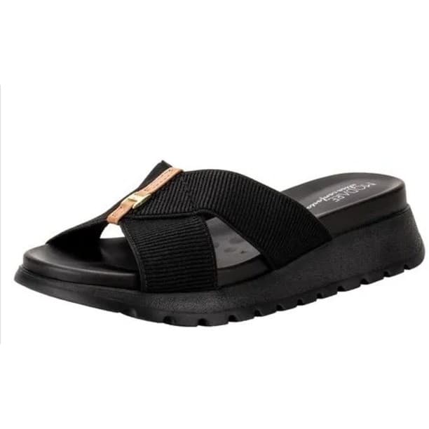 Sandália Tamanco Feminino Anabela Modare Preto Detalhe Dourado Design Confortável  Moderno  Perfeito